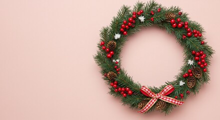 A festive christmas wreath adorned with red berries, pinecones, and a plaid bow against a soft pink background