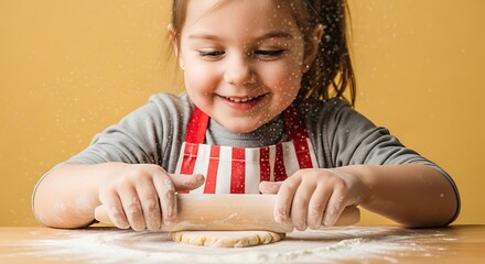 a charming young girl joyfully rolls dough on a floured surface displaying a playful moment during baking and creating delightful treats high quality professional detailed modern