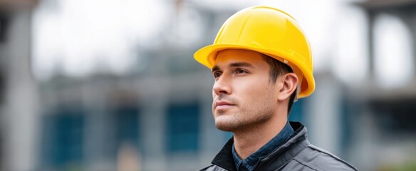 Vigilant worker in sturdy safety helmet stands confidently at a bustling construction site.
