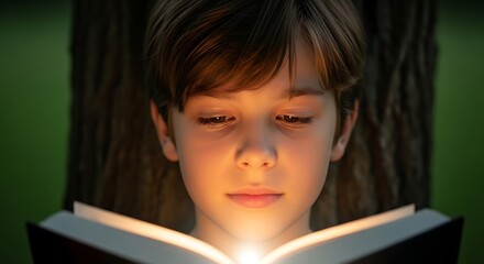 a young boy with closed eyes is illuminated by the bright glow emanating from an open book he is holding reading intently high quality professional detailed