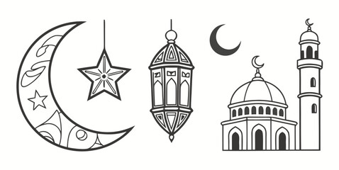 Black and White Islamic Ramadan Symbols Crescent Moon Lantern and Mosque star