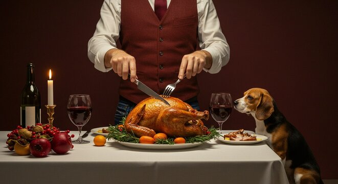Man in vest carving a roasted turkey at a formal dinner table while a beagle dog watches eagerly beside him - Powered by Adobe
