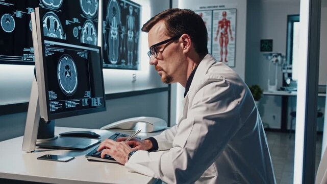 Medical professional analyzes brain scans in high-tech laboratory at a healthcare facility