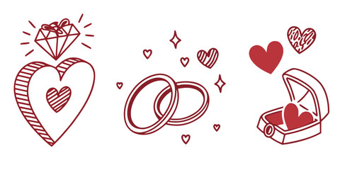 Hand drawn wedding icons with hearts diamonds and rings on white engagement love