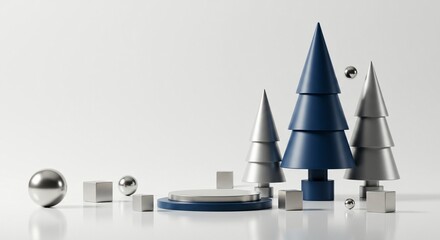 Minimalist 3d rendering of abstract christmas trees in navy blue and silver with geometric shapes on a white surface, isolated on white background