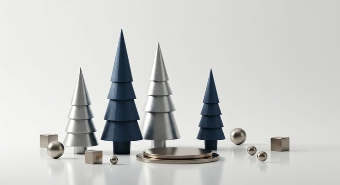 Minimalist 3d rendering of stylized metallic and blue christmas trees with silver sphere and cube decorations isolated on white background - Powered by Adobe