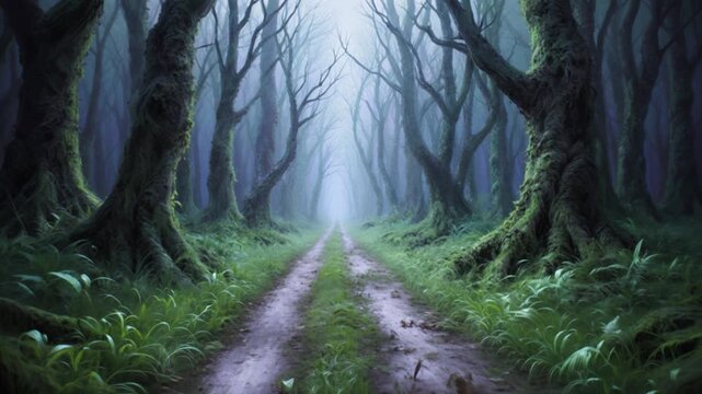  Painting of a myserious road in an oppressing swamp, dreamlike fantasy art