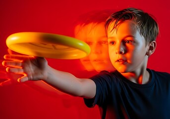 a young boy with short brown hair is pictured poised to throw a bright yellow frisbee against a vivid red backdrop with blurred reflections high quality