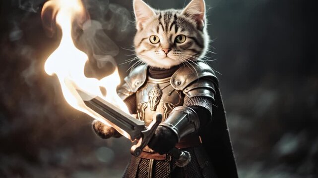 Adorable anthropomorphic kitten with armour holding a sword made of fire