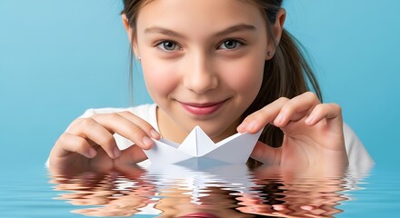 a young girl with a gentle smile delicately holds a white paper boat in her hands gazing forward with hopeful eyes high quality professional detailed modern