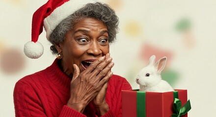 Surprised elderly woman wearing a santa hat reacts with astonishment to a small white rabbit emerging from a red gift box