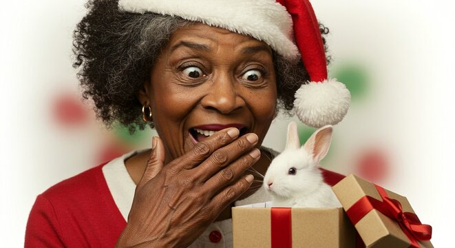 Surprised senior african american woman wearing santa hat opens a gift box revealing a small white rabbit inside isolated on white background - Powered by Adobe