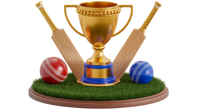 A 3D rendering of a sports trophy display on artificial grass