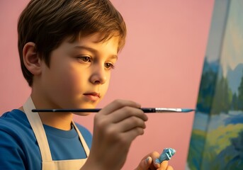 a young boy intently focuses on painting with a brush his gaze fixed upon the canvas before him bathed in soft light high quality professional detailed