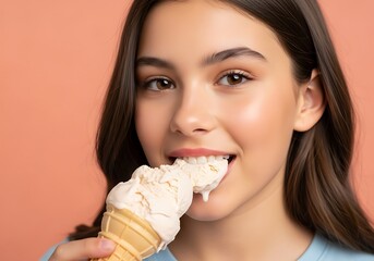 a close up portrait of a young woman enjoying a creamy delicious ice cream cone against a soft peach background showcasing a joyful moment high quality