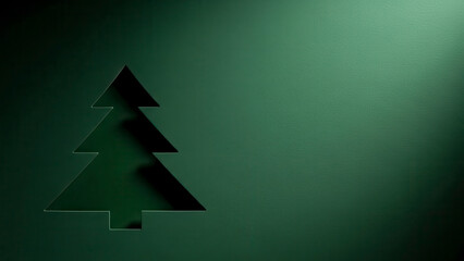 Minimalist abstract Christmas tree cut-out shape on dark metallic green textured paper background with strong dramatic lighting