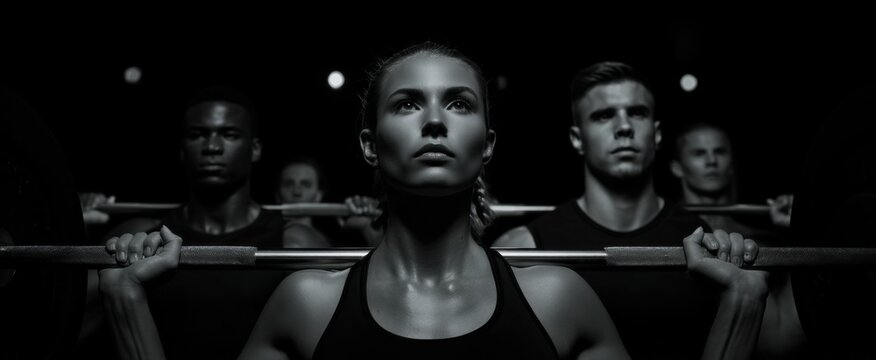 the focused team cheerfully lifting weights together during an intense gym training session - Powered by Adobe