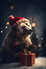 Charming holiday bear wearing winter scarf surrounded by snowflakes festive Christmas forest night illustration mood santa claus with christmas gifts