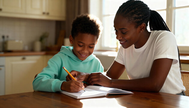 Caring black mother helping her smiling son with homework at home. Supportive parent teaching a child to write in a notebook. Homeschooling and family education concept