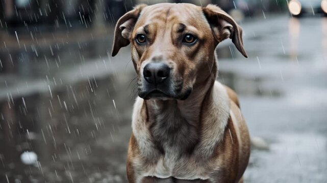 Stray homeless dog. Sad abandoned hungry puppy sitting alone in the street under rain, help for pets