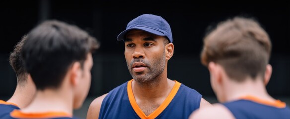 the sports coach sharing tactics with the squad during training