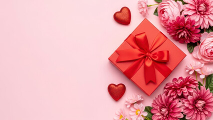 Red gift box with ribbon bow, glitter hearts, and pink dahlia flowers creating a border on a pastel pink background with copy space
