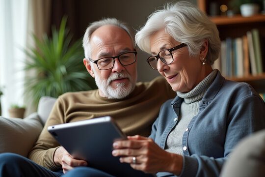 Retired couple discussing retirement savings and managing finances online from the comfort of their living room using a tablet