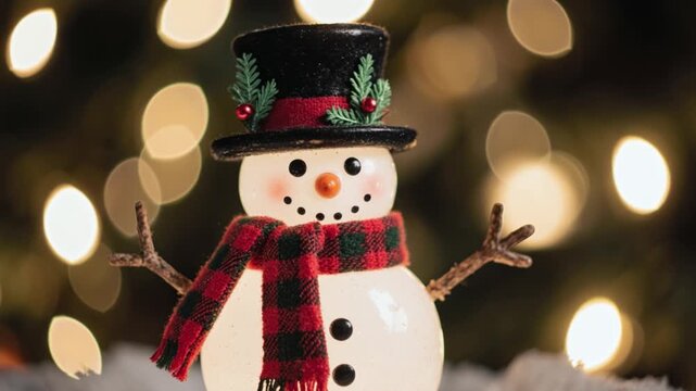 Snowman with scarf and toque in snow with blurred golden lights background
