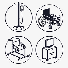 Medical Icons Set Hospital Bed Wheelchair IV Drip Monitor in Circles IV drip medical monitor