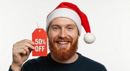 Smiling man with red beard wearing santa hat holding a red 50% off sale tag isolated on white background