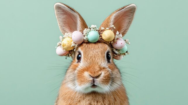 Cute brown rabbit wearing pastel Easter egg wreath on head spring holiday concept on mint background