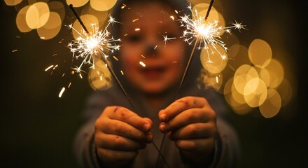 A young child holding two sparkling sparklers in the dark with warm bokeh lights creating a festive and magical atmosphere