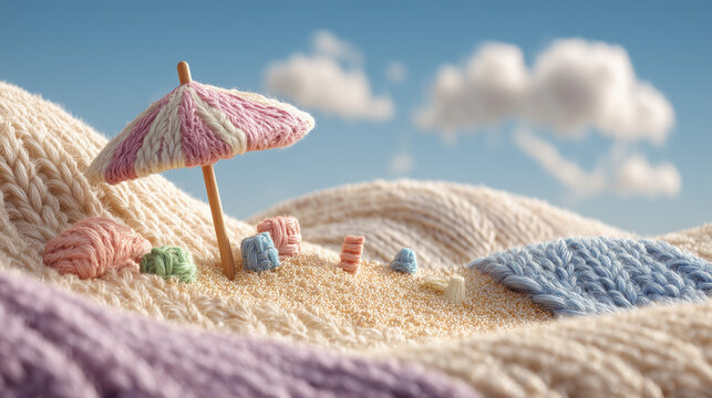 knitted umbrella, knitted beach chair, soft textures, white and gray colors, cozy summer vibes, - Powered by Adobe