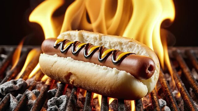 Grilled hotdog in a bun with flames and charcoal background