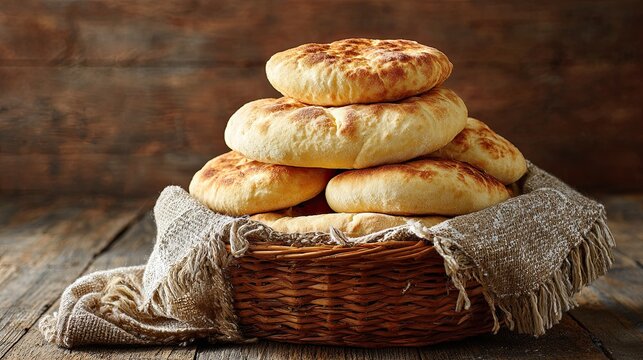 Stack of freshly baked traditional flatbread in rustic wicker basket on wooden table with warm lighting