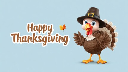 Cute cartoon turkey in pilgrim hat waving wing with Happy Thanksgiving text on blue background