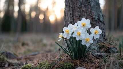 Daffodils bloom beside a tree in the forest during sunset, bringing a touch of beauty to the serene landscape