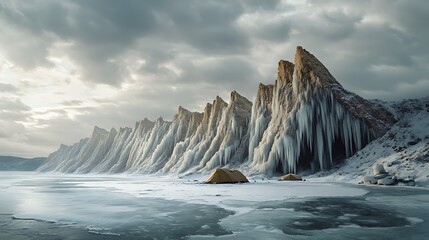 Dramatic winter camping adventure at frozen lake Baikal with majestic icicles and tents, perfect for travel and outdoor enthusiasts seeking epic landscapes