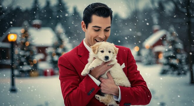 A smiling man in a red suit lovingly holds a fluffy golden retriever puppy outdoors during a gentle snowfall - Powered by Adobe