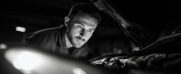 the mechanic closely examines the exposed car engine area