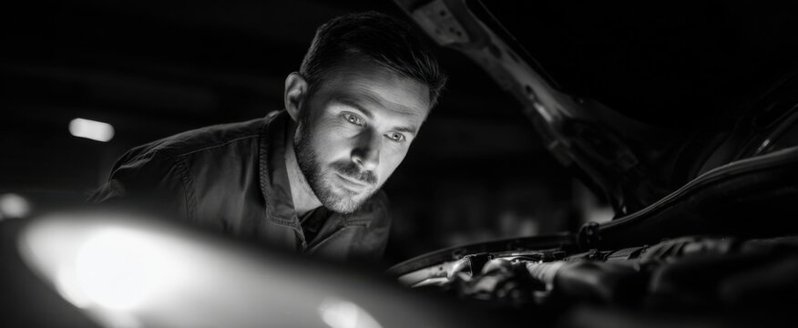 the mechanic closely examines the exposed car engine area