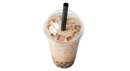 Overhead view of a refreshing iced bubble tea drink in a clear plastic cup with a black straw, featuring tapioca pearls at the bottom and ice cubes suspended in the milky brown beverage, isolated on t