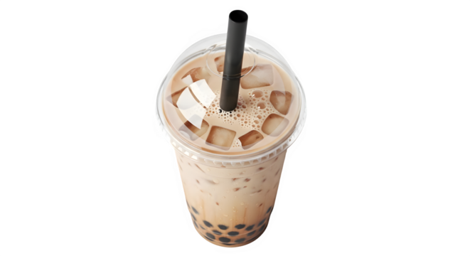 Overhead view of a refreshing iced bubble tea drink in a clear plastic cup with a black straw, featuring tapioca pearls at the bottom and ice cubes suspended in the milky brown beverage, isolated on t