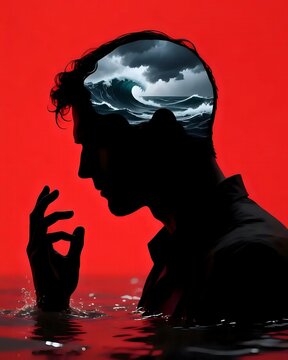 Conceptual Immage of Mental Health, Stress and Drowning (Hand Reaching Out of Water in Silhouette Head)