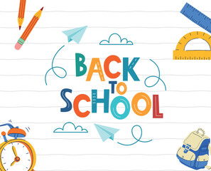 Back to school banner vector illustration with school supplies and lettering for education concept design 