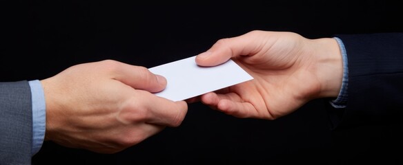 Elegant hands exchanging a sleek professional business card in a firm handshake gesture