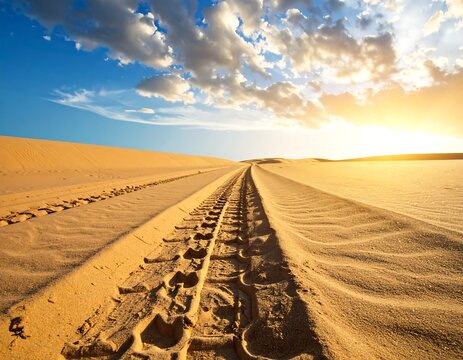 Tire tracks run through golden desert sands towards a sunlit horizon under a blue sky with scattered clouds