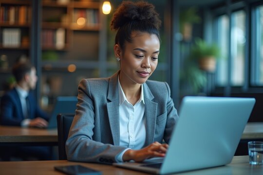 Businesswoman conducting data analysis on laptop for presentation on corporate strategy and financial growth.