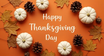 Festive Thanksgiving background with pumpkins leaves and pine cones arrangement