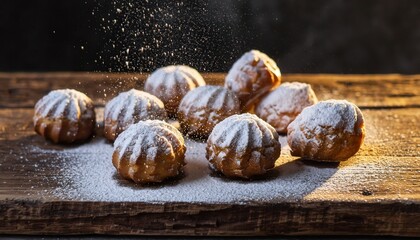 Artfully Arranged Artisan Pastries Generously Dusted with Powdered Sugar on Rustic Wooden Surface in Warm Golden Light